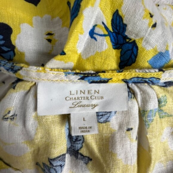 Charter Club Womens Yellow Floral Linen Tie-Front Blouse Top Large Short Sleeve - Picture 3 of 8